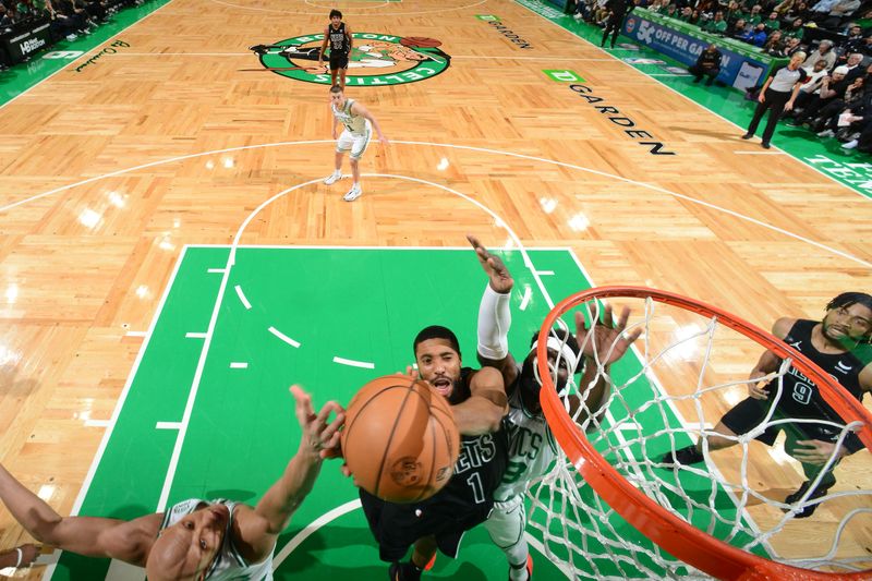 BOSTON, MA - FEBRUARY 14: Mikal Bridges #1 of the Brooklyn Nets drives to the basket during the game against the Boston Celtics on February 14, 2024 at the TD Garden in Boston, Massachusetts. NOTE TO USER: User expressly acknowledges and agrees that, by downloading and or using this photograph, User is consenting to the terms and conditions of the Getty Images License Agreement. Mandatory Copyright Notice: Copyright 2024 NBAE  (Photo by Brian Babineau/NBAE via Getty Images)