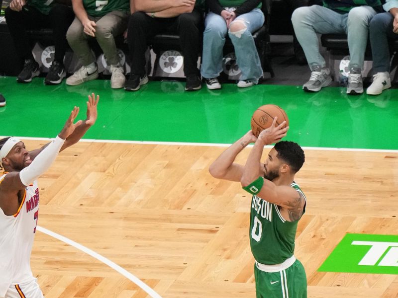 BOSTON, MA - NOVEMBER 6: Jayson Tatum #0 of the Boston Celtics shoots the ball during the game against the Golden State Warriors on November 6, 2024 at TD Garden in Boston, Massachusetts. NOTE TO USER: User expressly acknowledges and agrees that, by downloading and/or using this Photograph, user is consenting to the terms and conditions of the Getty Images License Agreement. Mandatory Copyright Notice: Copyright 2024 NBAE (Photo by Jesse D. Garrabrant/NBAE via Getty Images)