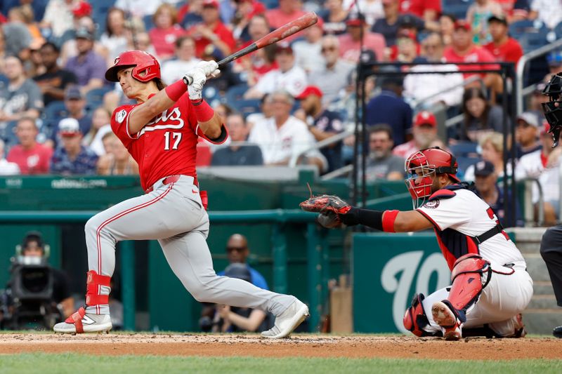 Jul 19, 2024; Washington, District of Columbia, USA; Cincinnati Reds outfielder Stuart Fairchild (17) singles against the Washington Nationals during the third inning at Nationals Park. Mandatory Credit: Geoff Burke-USA TODAY Sports