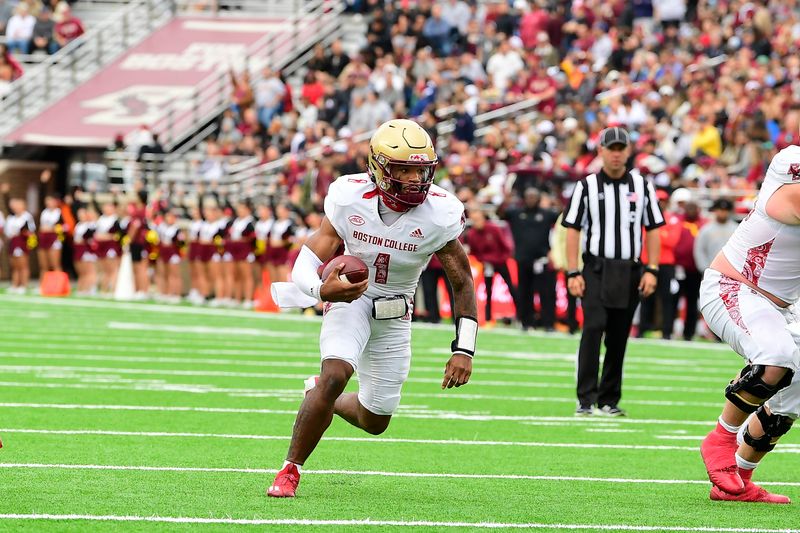 Sep 16, 2023; Chestnut Hill, Massachusetts, USA; Boston College Eagles quarterback Thomas Castellanos (1) runs the ball during the second half against the Florida State Seminoles at Alumni Stadium. Mandatory Credit: Eric Canha-USA TODAY Sports