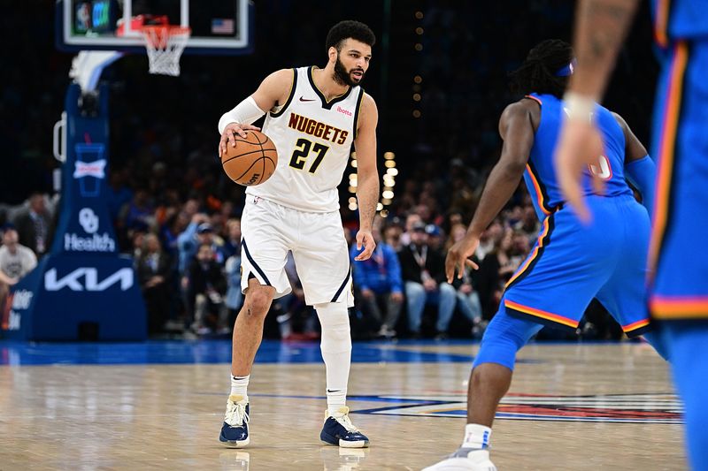 OKLAHOMA CITY, OKLAHOMA - JANUARY 31: Jamal Murray #27 of the Denver Nuggets handles the ball during the second half against the Oklahoma City Thunder at Paycom Center on January 31, 2024 in Oklahoma City, Oklahoma. NOTE TO USER: User expressly acknowledges and agrees that, by downloading and or using this Photograph, user is consenting to the terms and conditions of the Getty Images License Agreement. (Photo by Joshua Gateley/Getty Images)