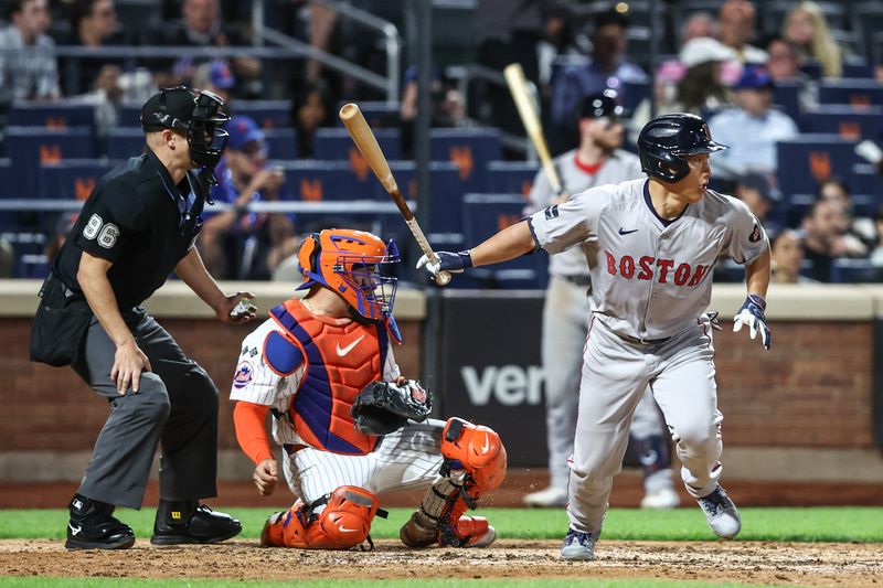 Sep 3, 2024; New York City, New York, USA;  Boston Red Sox designated hitter Masataka Yoshida (7) hits a single in the fifth inning against the New York Mets at Citi Field. Mandatory Credit: Wendell Cruz-Imagn Images