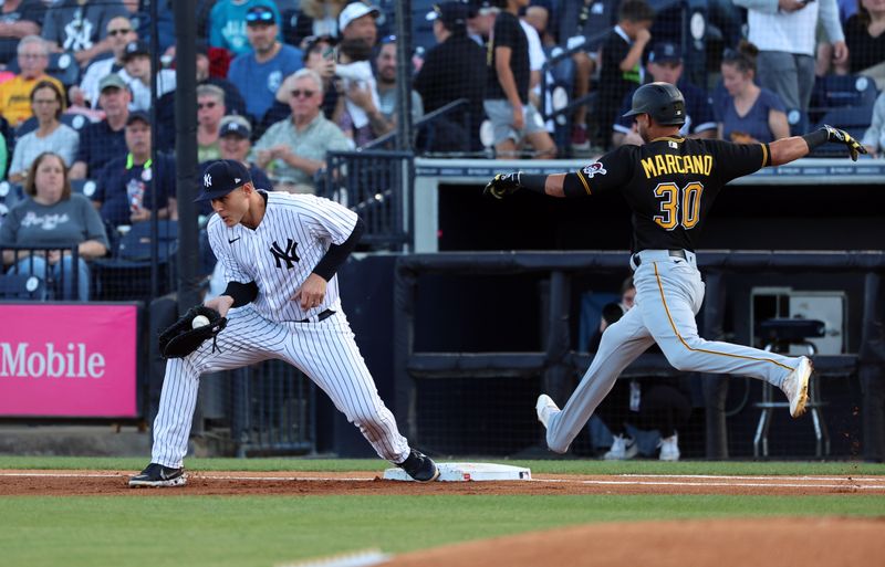 Mar 16, 2023; Tampa, Florida, USA; New York Yankees first baseman Anthony Rizzo (48) forces out Pittsburgh Pirates left fielder Tucupita Marcano (30) first inning at George M. Steinbrenner Field. Mandatory Credit: Kim Klement-USA TODAY Sports