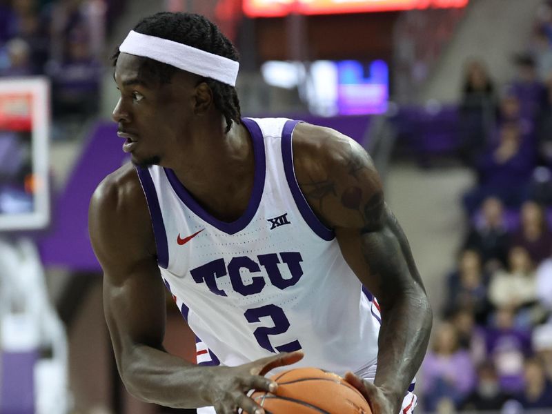 Jan 13, 2024; Fort Worth, Texas, USA;  TCU Horned Frogs forward Emanuel Miller (2) looks to score during the first half against the Houston Cougars at Ed and Rae Schollmaier Arena. Mandatory Credit: Kevin Jairaj-USA TODAY Sports