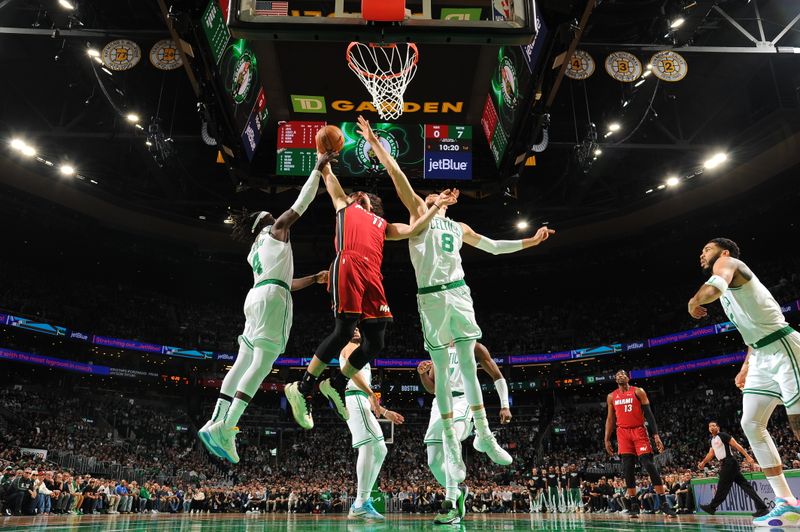 BOSTON, MA - APRIL 21: Jaime Jaquez Jr. #11 of the Miami Heat drives to the basket during the game against the Boston Celtics during Round 1 Game 1 of the 2024 NBA Playoffs on April 21, 2024 at the TD Garden in Boston, Massachusetts. NOTE TO USER: User expressly acknowledges and agrees that, by downloading and or using this photograph, User is consenting to the terms and conditions of the Getty Images License Agreement. Mandatory Copyright Notice: Copyright 2024 NBAE  (Photo by Brian Babineau/NBAE via Getty Images)