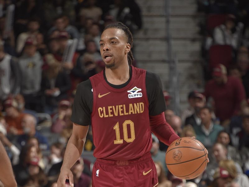 CLEVELAND, OH - JANUARY 9: Darius Garland #10 of the Cleveland Cavaliers dribbles the ball during the game against the Toronto Raptors on January 9, 2025 at Rocket Mortgage FieldHouse in Cleveland, Ohio. NOTE TO USER: User expressly acknowledges and agrees that, by downloading and/or using this Photograph, user is consenting to the terms and conditions of the Getty Images License Agreement. Mandatory Copyright Notice: Copyright 2025 NBAE (Photo by David Liam Kyle/NBAE via Getty Images)