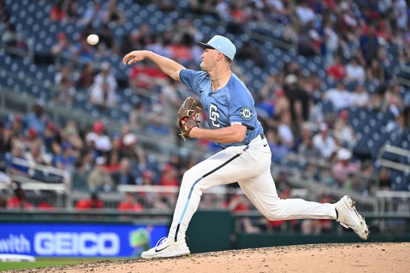 Jun 6, 2025; Washington, District of Columbia, USA; Washington Nationals relief pitcher Brad Lord (61) throws a pitch during the seventh inning against the Texas Rangers at Nationals Park. Mandatory Credit: Rafael Suanes-Imagn Images