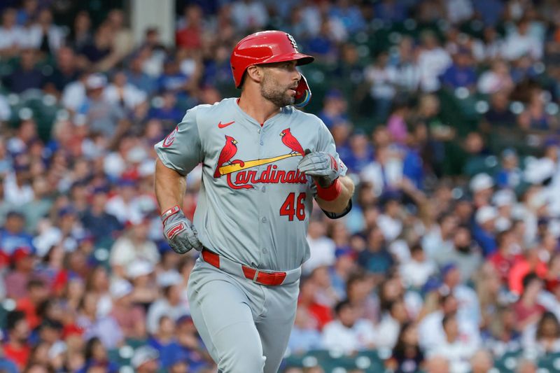 Aug 1, 2024; Chicago, Illinois, USA; St. Louis Cardinals first baseman Paul Goldschmidt (46) rounds the bases after hitting a solo home run against the Chicago Cubs during the first inning at Wrigley Field. Mandatory Credit: Kamil Krzaczynski-USA TODAY Sports