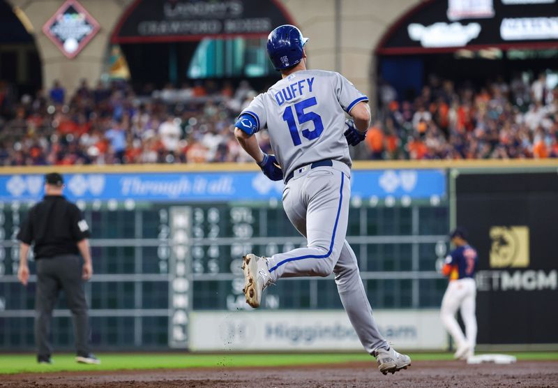 Sep 24, 2023; Houston, Texas, USA; Kansas City Royals third baseman Matt Duffy (15) rounds the bases after hitting a home run during the second inning against the Houston Astros at Minute Maid Park. Mandatory Credit: Troy Taormina-USA TODAY Sports