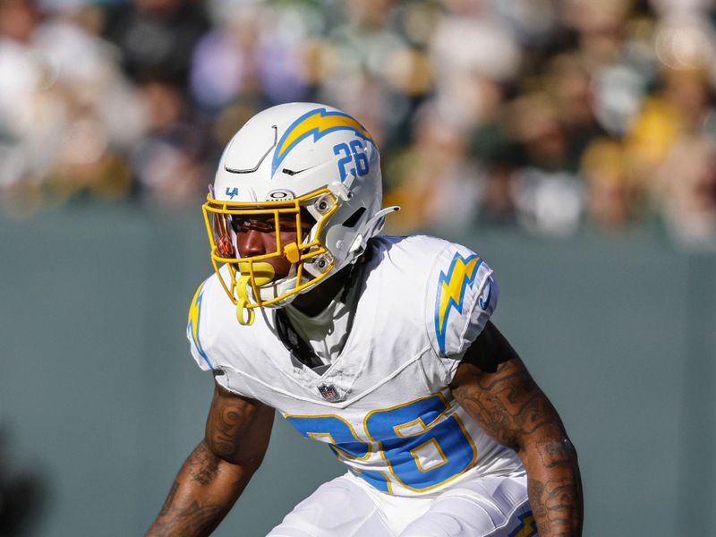 Los Angeles Chargers cornerback Asante Samuel Jr. (26) on defense during an NFL football game against the Green Bay Packers Sunday, Nov. 19, 2023, in Green Bay, Wis. (AP Photo/Jeffrey Phelps