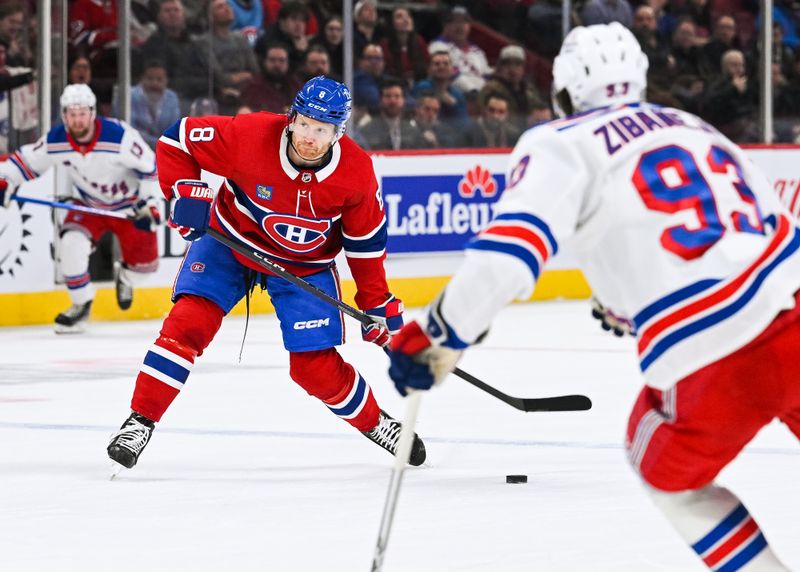 Mar 9, 2023; Montreal, Quebec, CAN; Montreal Canadiens defenseman Mike Matheson (8) shoots the puck against the New York Rangers during the second period at Bell Centre. Mandatory Credit: David Kirouac-USA TODAY Sports