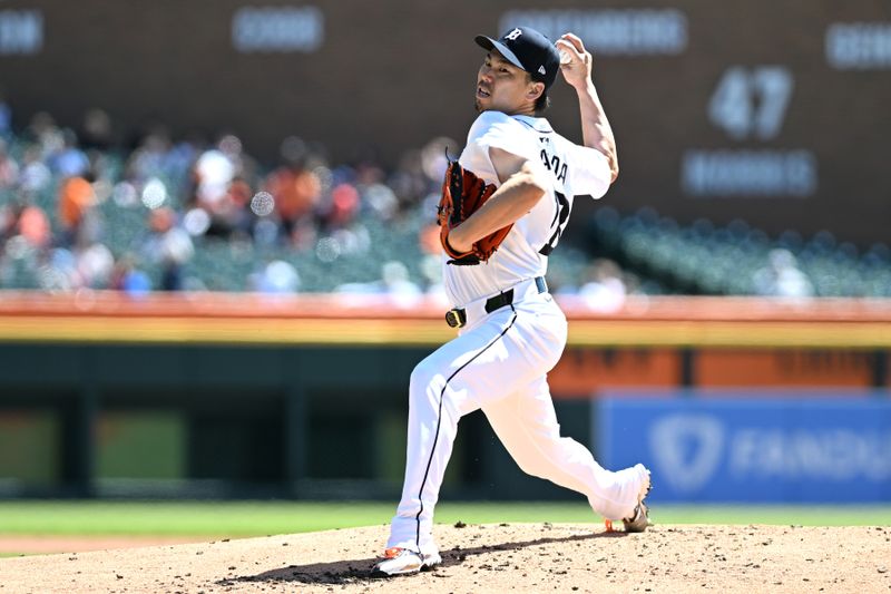 Apr 18, 2024; Detroit, Michigan, USA;  Detroit Tigers pitcher Kenta Maeda (18) throws a pitch against the Texas Rangers in the second inning at Comerica Park. Mandatory Credit: Lon Horwedel-USA TODAY Sports