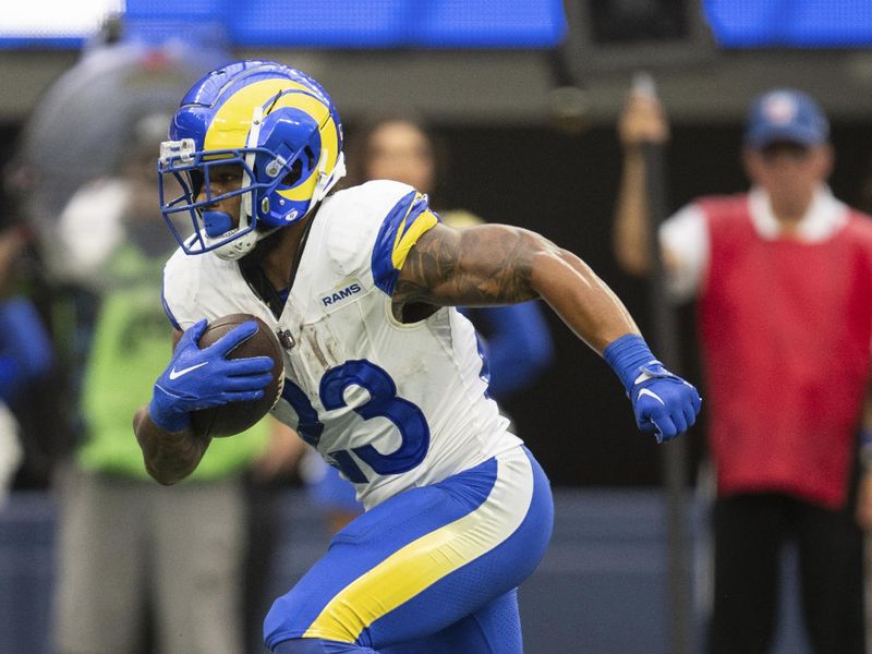 Los Angeles Rams running back Kyren Williams (23) runs with the ball during an NFL football game against the San Francisco 49ers, Sunday, Sept. 17, 2023, in Inglewood, Calif. (AP Photo/Kyusung Gong)