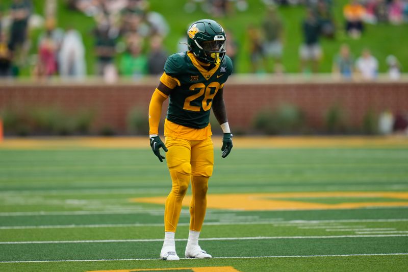 Oct 28, 2023; Waco, Texas, USA;  Baylor Bears safety Devyn Bobby (28) in action against the Iowa State Cyclones during the first half at McLane Stadium. Mandatory Credit: Chris Jones-USA TODAY Sports