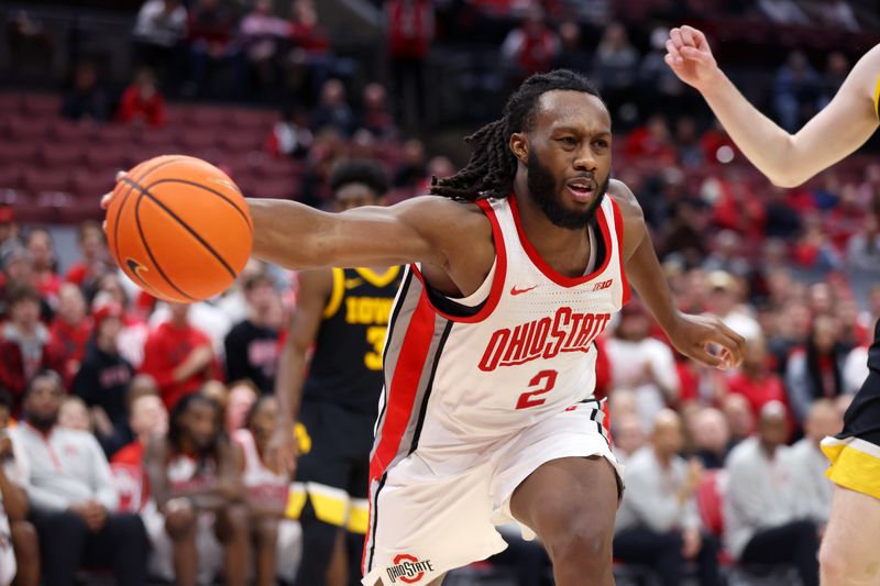 Jan 27, 2025; Columbus, Ohio, USA;  Ohio State Buckeyes guard Bruce Thornton (2) passes during the second half against the Iowa Hawkeyes at Value City Arena. Mandatory Credit: Joseph Maiorana-Imagn Images