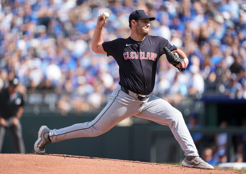 Sep 2, 2024; Kansas City, Missouri, USA; Cleveland Guardians starting pitcher Gavin Williams (32) pitches during the first inning against the Kansas City Royals at Kauffman Stadium. Mandatory Credit: Jay Biggerstaff-USA TODAY Sports