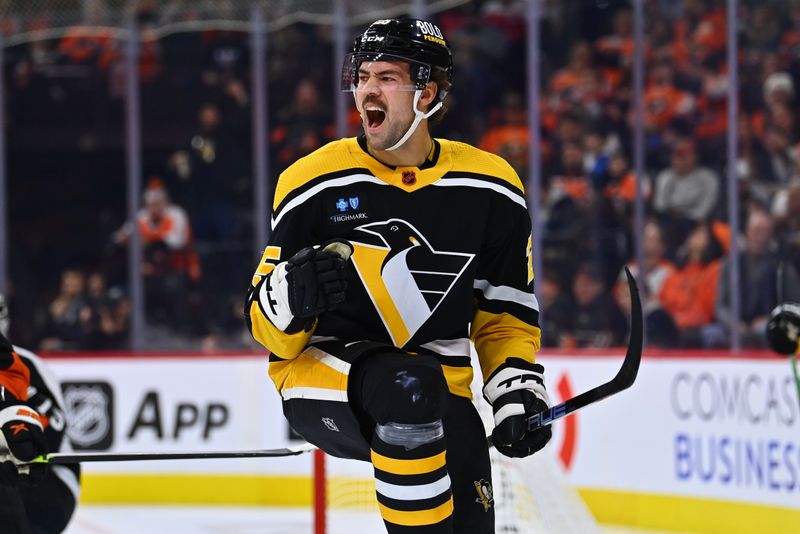 Nov 25, 2022; Philadelphia, Pennsylvania, USA; Pittsburgh Penguins center Ryan Poehling (25) celebrates after scoring a goal against the Philadelphia Flyers in the second period at Wells Fargo Center. Mandatory Credit: Kyle Ross-USA TODAY Sports