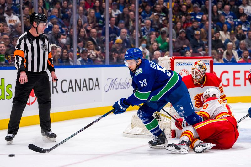 Apr 16, 2024; Vancouver, British Columbia, CAN; Calgary Flames forward Jonathan Huberdeau (10) watches Vancouver Canucks forward Teddy Blueger (53) handle the puck in the third period at Rogers Arena. Canucks won 4 -1. Mandatory Credit: Bob Frid-USA TODAY Sports