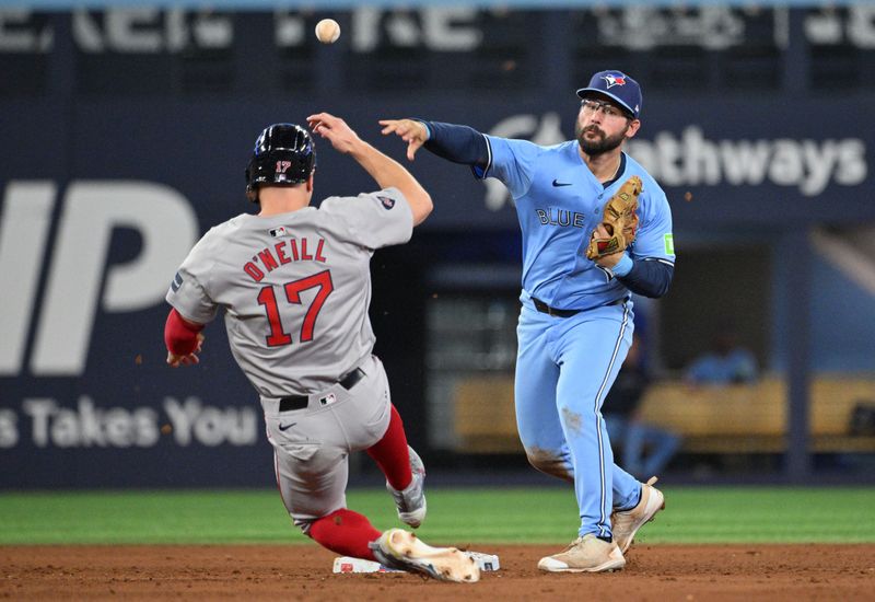 Sep 24, 2024; Toronto, Ontario, CAN;  Toronto Blue Jays second baseman Davis Schneider (36) throws to first base for a double play after forcing out Boston Red Sox pinch runner Tyler O'Neill (17) in the ninth inning at Rogers Centre. Mandatory Credit: Dan Hamilton-Imagn Images