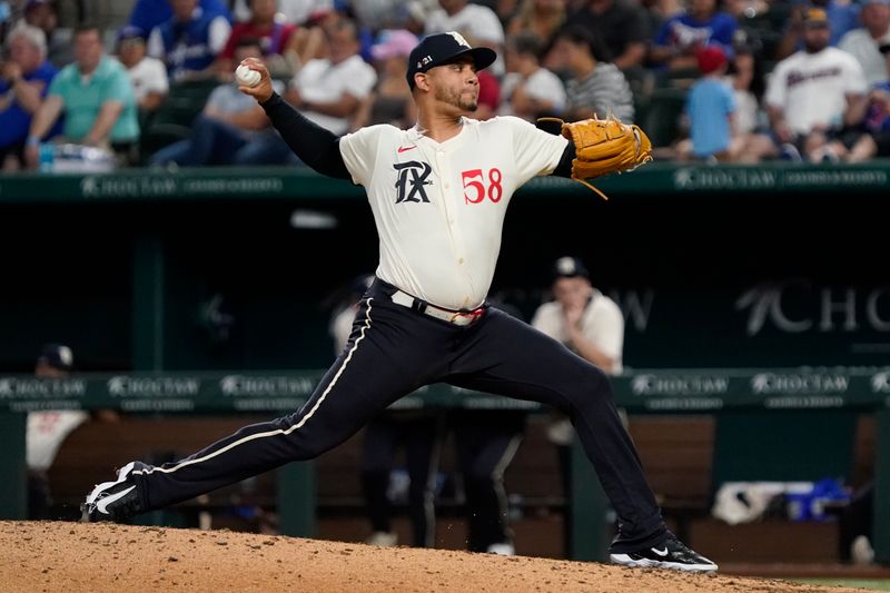 Aug 16, 2024; Arlington, Texas, USA; Texas Rangers pitcher Gerson Garabito (58) throws to the plate during the ninth inning against the Minnesota Twins at Globe Life Field. Mandatory Credit: Raymond Carlin III-USA TODAY Sports