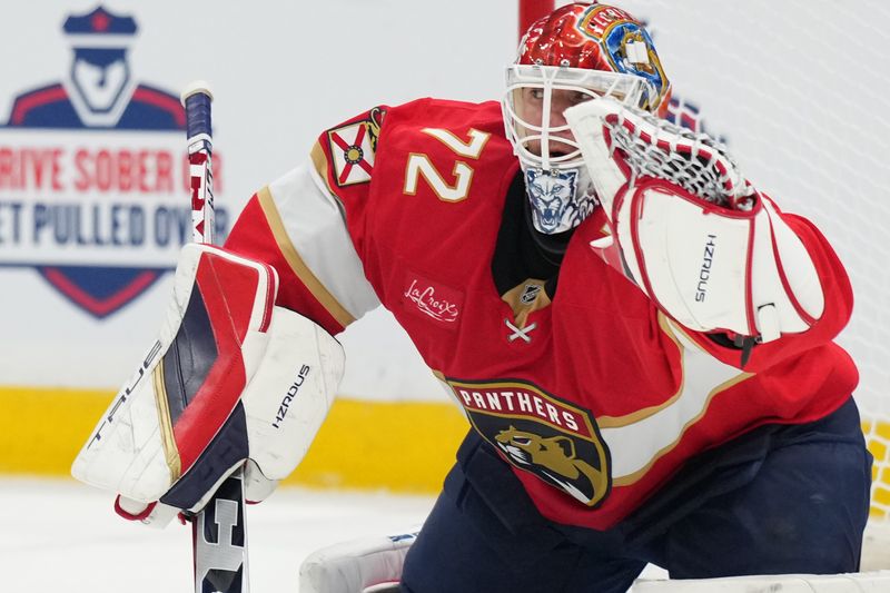 Oct 19, 2024; Sunrise, Florida, USA;  Florida Panthers goaltender Sergei Bobrovsky (72) makes a save against the Vegas Golden Knights during the first period at Amerant Bank Arena. Mandatory Credit: Jim Rassol-Imagn Images