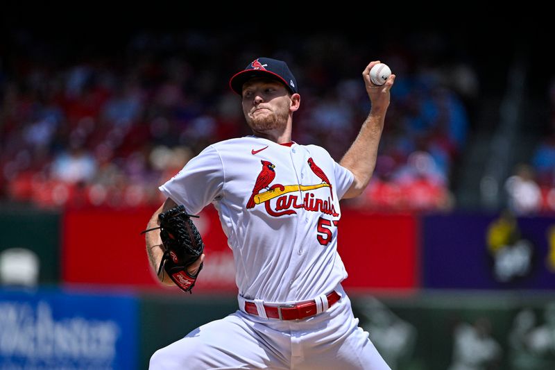 Aug 6, 2023; St. Louis, Missouri, USA;  St. Louis Cardinals starting pitcher Zack Thompson (57) pitches against the Colorado Rockies during the first inning at Busch Stadium. Mandatory Credit: Jeff Curry-USA TODAY Sports