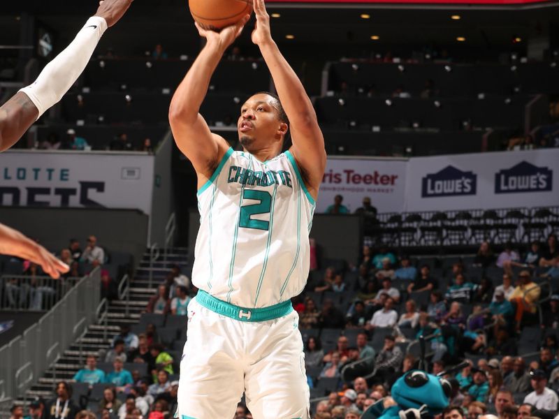 CHARLOTTE, NC - APRIL 3: Grant Williams #2 of the Charlotte Hornets shoots a 3-point basket during the game on April 3, 2024 at Spectrum Center in Charlotte, North Carolina. NOTE TO USER: User expressly acknowledges and agrees that, by downloading and or using this photograph, User is consenting to the terms and conditions of the Getty Images License Agreement. Mandatory Copyright Notice: Copyright 2024 NBAE (Photo by Kent Smith/NBAE via Getty Images)