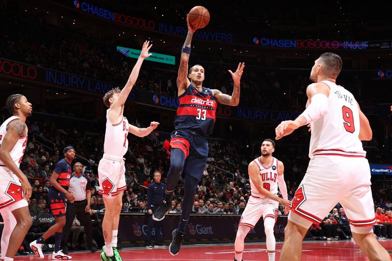 WASHINGTON, DC -? NOVEMBER 26: Kyle Kuzma #33 of the Washington Wizards shoots the ball during the game against the Chicago Bulls during the Emirates NBA Cup game on November 26, 2024 at Capital One Arena in Washington, DC. NOTE TO USER: User expressly acknowledges and agrees that, by downloading and or using this Photograph, user is consenting to the terms and conditions of the Getty Images License Agreement. Mandatory Copyright Notice: Copyright 2024 NBAE (Photo by Stephen Gosling/NBAE via Getty Images)