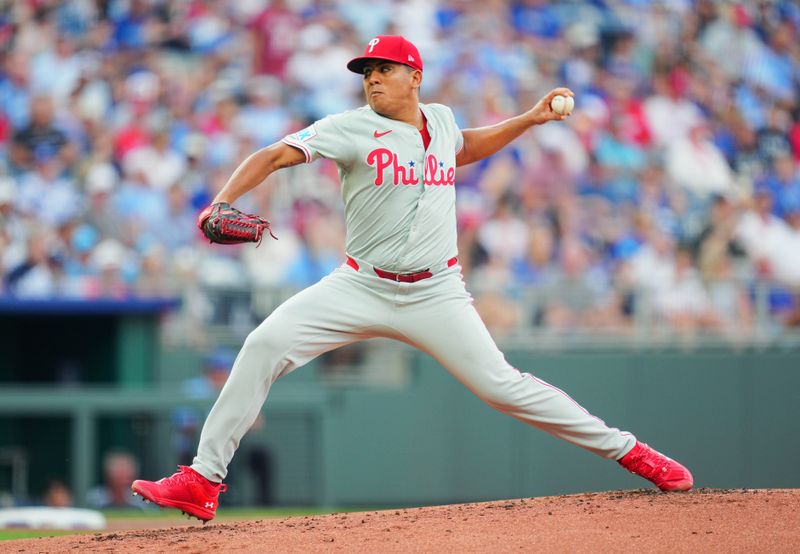 Aug 24, 2024; Kansas City, Missouri, USA; Philadelphia Phillies starting pitcher Ranger Suarez (55) pitches during the first inning against the Kansas City Royals at Kauffman Stadium. Mandatory Credit: Jay Biggerstaff-USA TODAY Sports