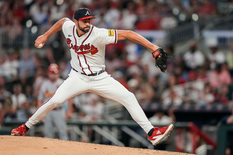 Sep 6, 2023; Cumberland, Georgia, USA; Atlanta Braves relief pitcher Ben Heller (71) pitches against the St. Louis Cardinals during the third inning at Truist Park. Mandatory Credit: Dale Zanine-USA TODAY Sports