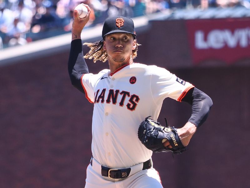 Jun 30, 2024; San Francisco, California, USA; San Francisco Giants starting pitcher Spencer Bivens (76) pitches the ball against the Los Angeles Dodgers during the first inning at Oracle Park. Mandatory Credit: Kelley L Cox-USA TODAY Sports