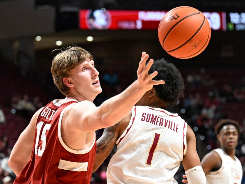 Jan 31, 2026; Tallahassee, Florida, USA; Stanford Cardinal forward Oskar Giltay (15) reaches for a loose ball during the second half against the Florida State Seminoles at Donald L. Tucker Center. Mandatory Credit: Melina Myers-Imagn Images