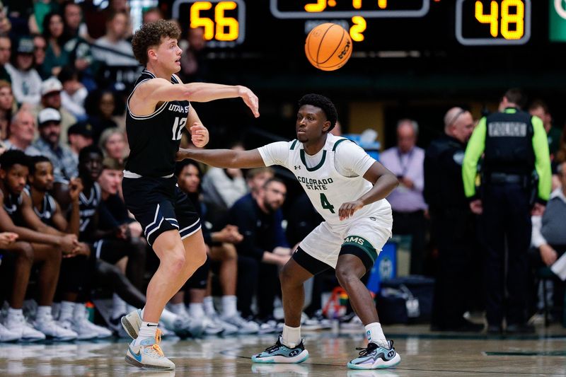 Feb 17, 2024; Fort Collins, Colorado, USA; Utah State Aggies guard Mason Falslev (12) passes the ball against Colorado State Rams guard Isaiah Stevens (4) in the second half at Moby Arena. Mandatory Credit: Isaiah J. Downing-USA TODAY Sports