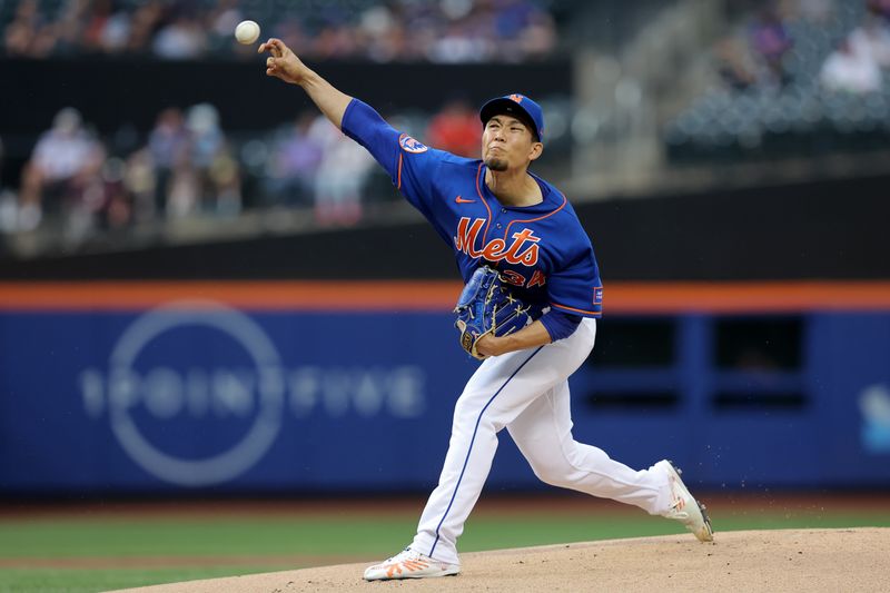 Jun 28, 2023; New York City, New York, USA; New York Mets starting pitcher Kodai Senga (34) pitches against the Milwaukee Brewers during the first inning at Citi Field. Mandatory Credit: Brad Penner-USA TODAY Sports