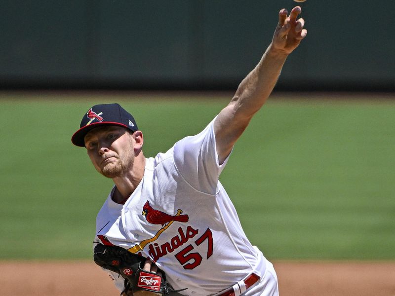 Aug 6, 2023; St. Louis, Missouri, USA;  St. Louis Cardinals starting pitcher Zack Thompson (57) pitches against the Colorado Rockies during the third inning at Busch Stadium. Mandatory Credit: Jeff Curry-USA TODAY Sports