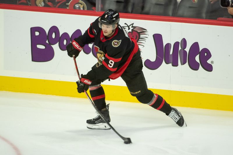 Oct 18, 2023; Ottawa, Ontario, CAN; Ottawa Senators center Josh Norris (9) shoots the puck in the third period against the Washington Capitals at the Canadian Tire Centre. Mandatory Credit: Marc DesRosiers-USA TODAY Sports