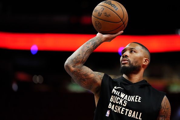 MIAMI, FLORIDA - NOVEMBER 28: Damian Lillard #0 of the Milwaukee Bucks warms up prior to an NBA In-Season Tournament game against the Miami Heat at Kaseya Center on November 28, 2023 in Miami, Florida. NOTE TO USER: User Expressly acknowledges and agrees that, by downloading and or using this photograh, User is consenting to the terms and conditions of the Getty Images License Agreement. (Photo by Rich Storry/Getty Images)