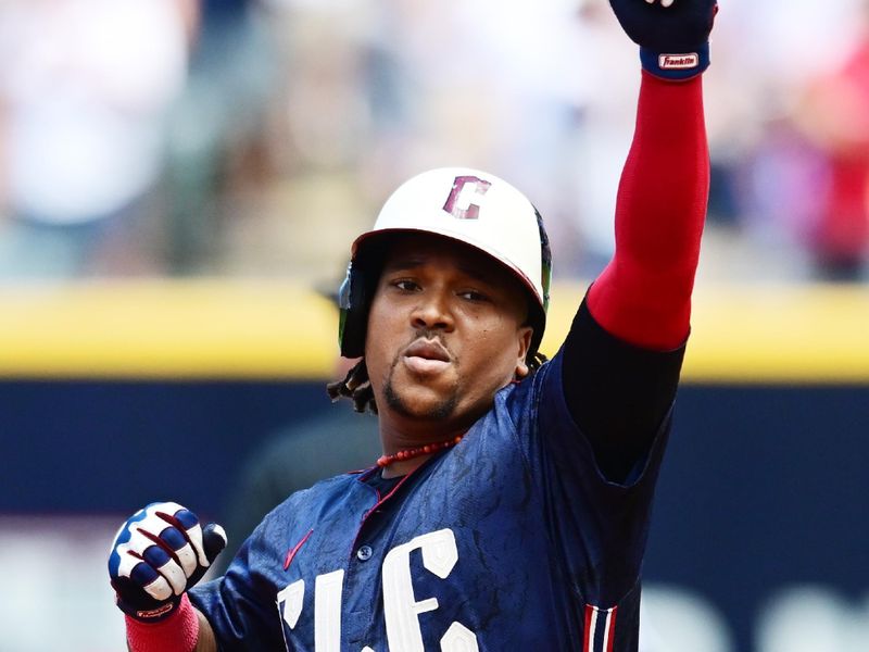 Jun 6, 2024; Cleveland, Ohio, USA; Cleveland Guardians third baseman Jose Ramirez (11) rounds the bases after hitting a home run during the third inning against the Kansas City Royals at Progressive Field. Mandatory Credit: Ken Blaze-USA TODAY Sports