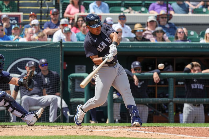 Mar 23, 2024; Lakeland, Florida, USA; New York Yankees second baseman Jahmai Jones (85) hits a two run home run during the third inning against the Detroit Tigers at Publix Field at Joker Marchant Stadium. Mandatory Credit: Mike Watters-USA TODAY Sports