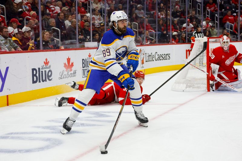 Nov 2, 2024; Detroit, Michigan, USA; Buffalo Sabres right wing Alex Tuch (89) handles the puck during the first period of the game against the Detroit Red Wings at Little Caesars Arena. Mandatory Credit: Brian Bradshaw Sevald-Imagn Images