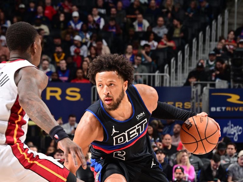 DETROIT, MI - MARCH 15: Cade Cunningham #2 of the Detroit Pistons handles the ball during the game against the Miami Heat on March 15, 2024 at Little Caesars Arena in Detroit, Michigan. NOTE TO USER: User expressly acknowledges and agrees that, by downloading and/or using this photograph, User is consenting to the terms and conditions of the Getty Images License Agreement. Mandatory Copyright Notice: Copyright 2024 NBAE (Photo by Chris Schwegler/NBAE via Getty Images)