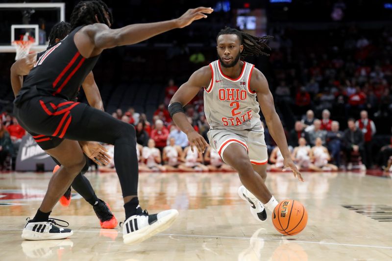 Jan 3, 2024; Columbus, Ohio, USA; Ohio State Buckeyes guard Bruce Thornton (2) dribbles the ball during the second half against the Rutgers Scarlet Knights at Value City Arena. Mandatory Credit: Joseph Maiorana-USA TODAY Sports