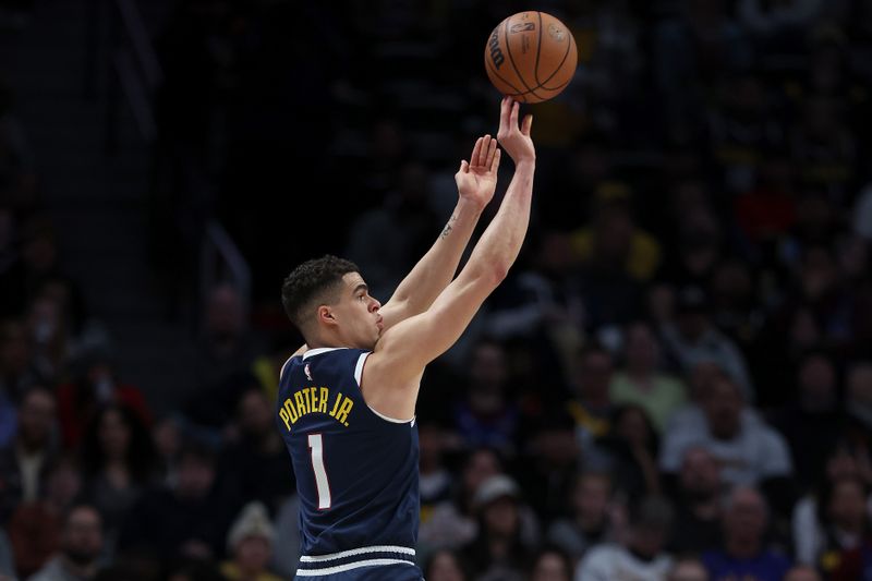 DENVER, COLORADO - JANUARY 17: Michael Porter Jr. #1 of the Denver Nuggets puts up a shot against the Portland Trail Blazers in the first quarter at Ball Arena on January 17, 2023 in Denver, Colorado. NOTE TO USER: User expressly acknowledges and agrees that, by downloading and/or using this photograph, User is consenting to the terms and conditions of the Getty Images License Agreement. (Photo by Matthew Stockman/Getty Images)