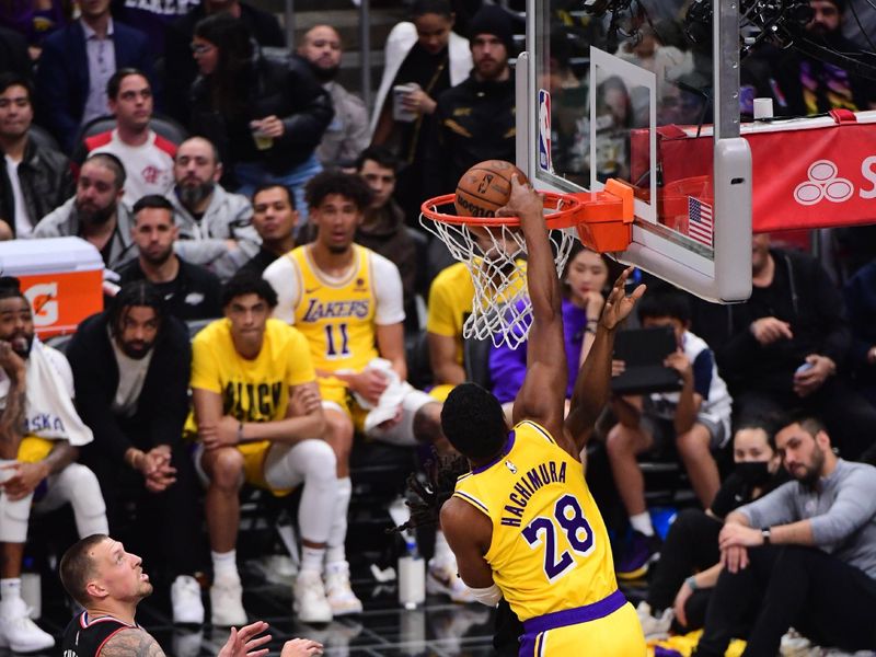 LOS ANGELES, CA - FEBRUARY 28: Rui Hachimura #28 of the Los Angeles Lakers goes to the basket during the game on February 28, 2024 at Crypto.Com Arena in Los Angeles, California. NOTE TO USER: User expressly acknowledges and agrees that, by downloading and/or using this Photograph, user is consenting to the terms and conditions of the Getty Images License Agreement. Mandatory Copyright Notice: Copyright 2024 NBAE (Photo by Adam Pantozzi/NBAE via Getty Images)