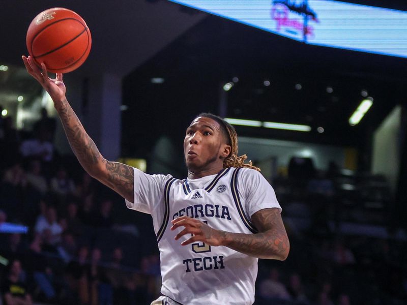 Jan 4, 2023; Atlanta, Georgia, USA; Georgia Tech Yellow Jackets guard Deivon Smith (5) shoots against the Miami Hurricanes in the second half at McCamish Pavilion. Mandatory Credit: Brett Davis-USA TODAY Sports