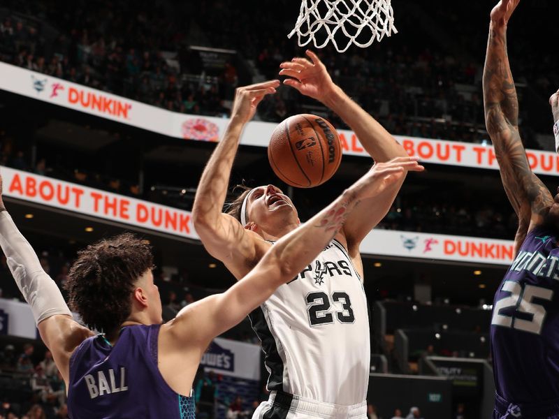 CHARLOTTE, NC - JANUARY 19: Zach Collins #23 of the San Antonio Spurs drives to the basket during the game against the Charlotte Hornets on January 19, 2024 at Spectrum Center in Charlotte, North Carolina. NOTE TO USER: User expressly acknowledges and agrees that, by downloading and or using this photograph, User is consenting to the terms and conditions of the Getty Images License Agreement. Mandatory Copyright Notice: Copyright 2024 NBAE (Photo by Kent Smith/NBAE via Getty Images)