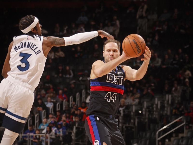 DETROIT, MI - JANUARY 17: Bojan Bogdanovic #44 of the Detroit Pistons looks to pass the ball during the game against the Minnesota Timberwolves on January 17, 2024 at Little Caesars Arena in Detroit, Michigan. NOTE TO USER: User expressly acknowledges and agrees that, by downloading and/or using this photograph, User is consenting to the terms and conditions of the Getty Images License Agreement. Mandatory Copyright Notice: Copyright 2024 NBAE (Photo by Brian Sevald/NBAE via Getty Images)