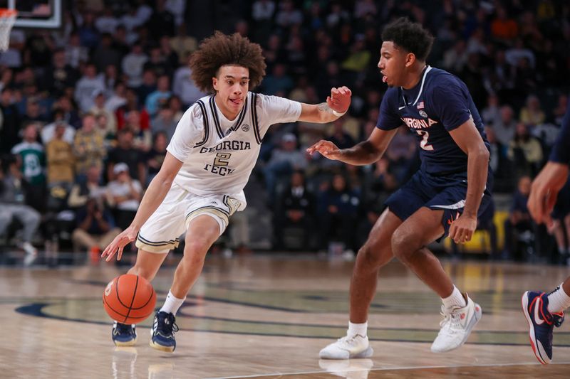 Jan 20, 2024; Atlanta, Georgia, USA; Georgia Tech Yellow Jackets guard Naithan George (2) drives to the basket against the Virginia Cavaliers in the second half at McCamish Pavilion. Mandatory Credit: Brett Davis-USA TODAY Sports
