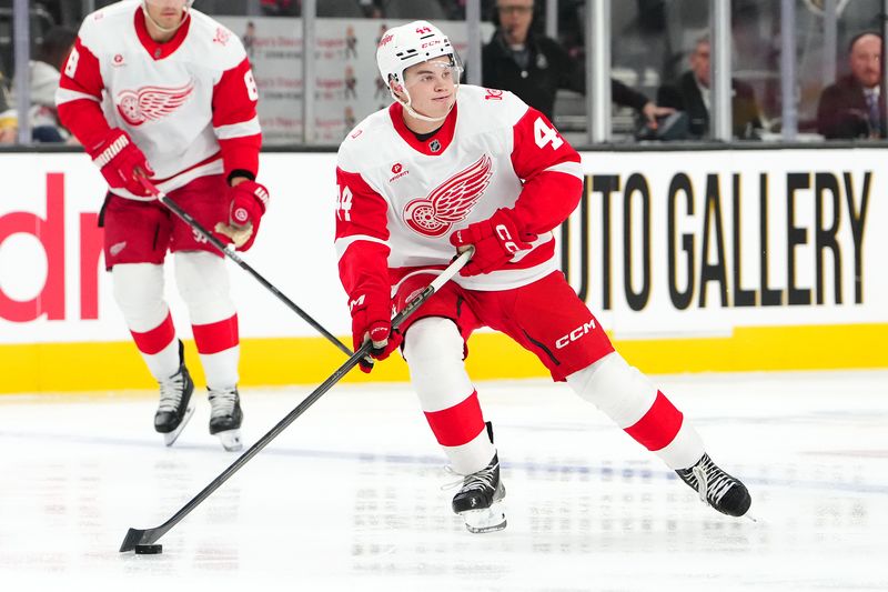 Nov 4, 2025; Las Vegas, Nevada, USA; Detroit Red Wings defenseman Axel Sandin-Pellikka (44) skates against the Vegas Golden Knights during the second period at T-Mobile Arena. Mandatory Credit: Stephen R. Sylvanie-Imagn Images