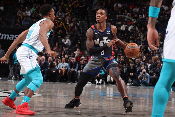 BROOKLYN, NY - NOVEMBER 30: Lonnie Walker IV #8 of the Brooklyn Nets dribbles the ball during the game against the Charlotte Hornets on November 30, 2023 at Barclays Center in Brooklyn, New York. NOTE TO USER: User expressly acknowledges and agrees that, by downloading and or using this Photograph, user is consenting to the terms and conditions of the Getty Images License Agreement. Mandatory Copyright Notice: Copyright 2023 NBAE (Photo by Nathaniel S. Butler/NBAE via Getty Images)